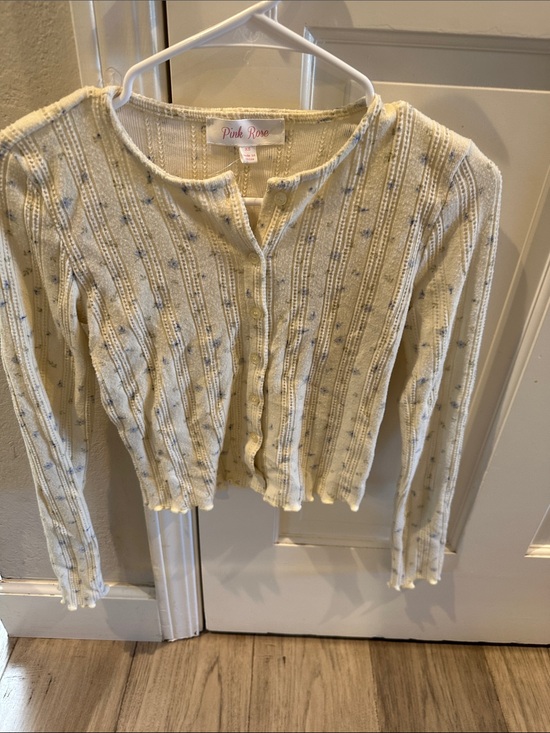 Pink Rose Sweaters - Pink Rose Cream Cardigan with Blue Floral Detail